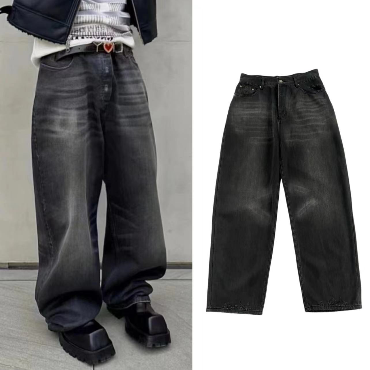 B家LargeBaggy洗水灰阔腿牛仔裤yanggeng88同款巴黎风格潮男长裤