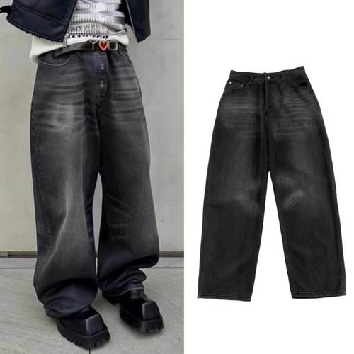 B家LargeBaggy洗水灰阔腿牛仔裤yanggeng88同款巴黎风格潮男长裤