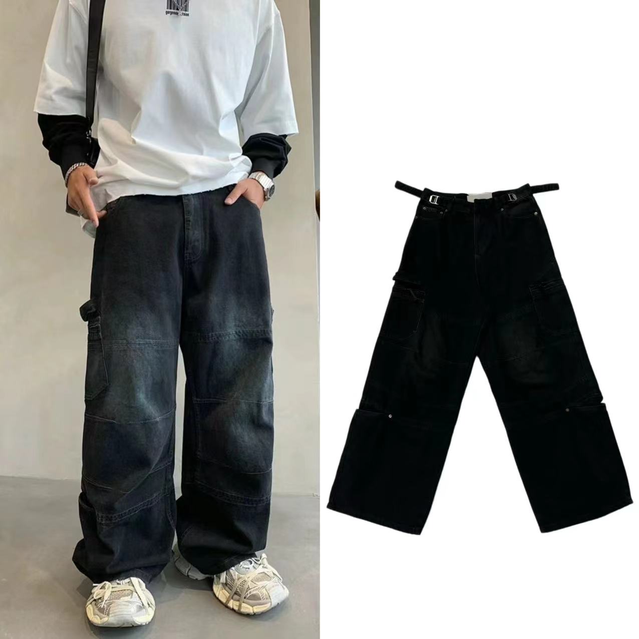 thumbnail for Parisian Style Cargo Pants New Washed Black Denim Loose Logging Straight Leg Wide Leg Pocket Trousers Tide