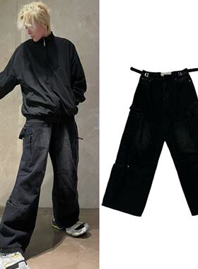 B家Cargo Pants新款水洗黑牛仔巴黎风格宽松伐木直筒阔腿口袋长裤