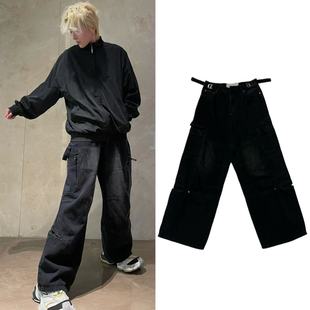 B家Cargo Pants新款水洗黑牛仔巴黎风格宽松伐木直筒阔腿口袋长裤