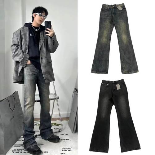 B家巴黎风格23ssFall褪色洗水做旧bootcut微喇泥染牛仔长裤男潮
