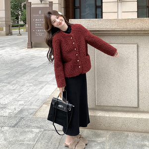 独特超好看红小香风羊羔毛外套女秋冬短款皮毛一体毛绒棉服图片