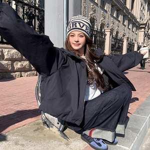 连帽小个子百搭气质棉衣慵懒风冲锋衣女加厚面包服外套夹克美式图片