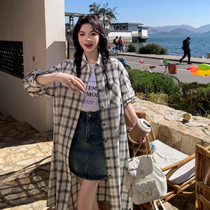 韩系松弛感复古格子衬衫女2024春秋百搭bf慵懒风休闲薄款衬衣外套图片