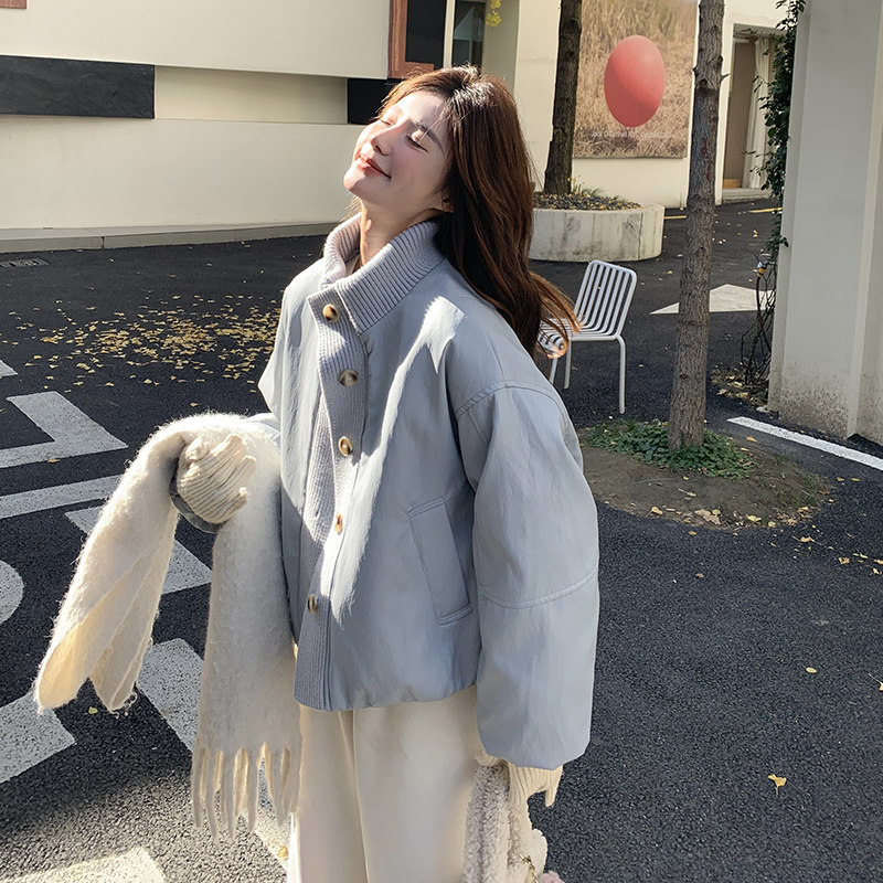 针织拼接蓝色pu皮羽绒服女冬季2025新款短款小个子韩系白鸭绒外套图片