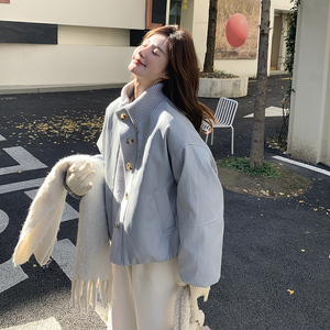 针织拼接立领短款羽绒服女2025冬季新款休闲蓝色蛋白皮白鸭绒外套图片