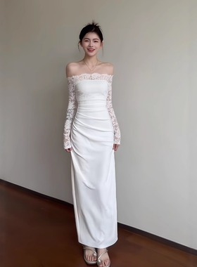 法式复古白色一字肩蕾丝连衣裙子秋冬新款生日宴会气质包臀裙长裙