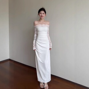 法式 生日宴会气质包臀裙长裙 复古白色一字肩蕾丝连衣裙子秋冬新款