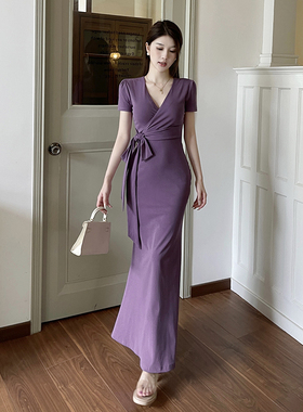 instunning纯欲风气质V领紫色短袖绑带连衣裙女夏季收腰鱼尾裙子