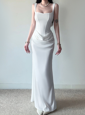 INSTUNNING法式方领束腰吊带连衣裙女高级感白色收腰气质包臀长裙