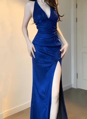蓝色性感闪闪V领礼服裙女2025夏季高级感气质开叉晚宴会礼服裙子
