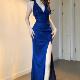 蓝色性感闪闪V领礼服裙女2025夏季 高级感气质开叉晚宴会礼服裙子