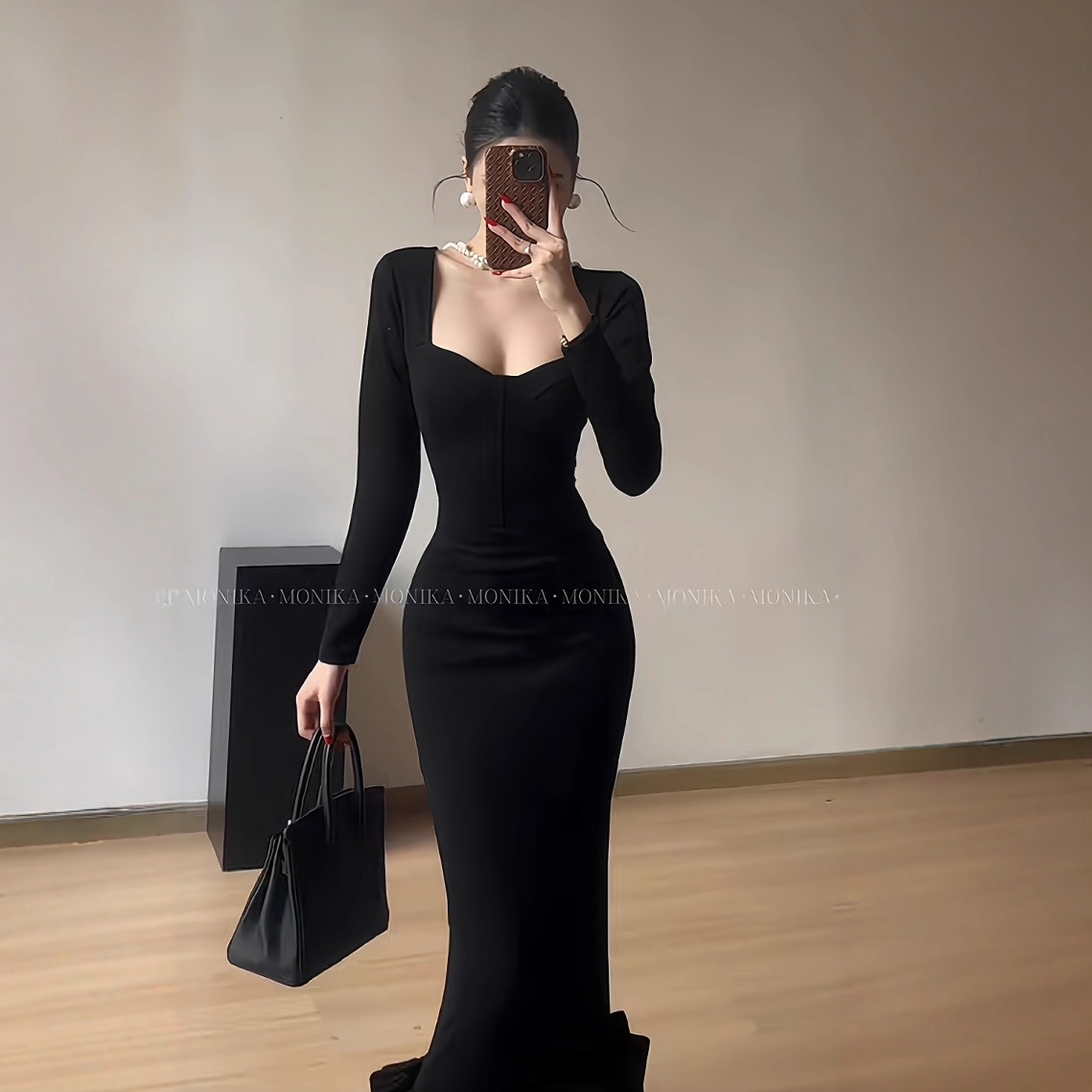 秋季高级感黑色长裙气质赫本风