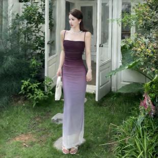 海岛氛围感穿搭高级感紫色网纱连衣裙女2026早春渐变设计感长裙子