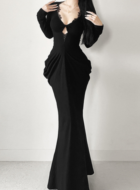 走秀服装哥特风黑色性感v领长袖连衣裙女御姐风收腰气质礼服裙子