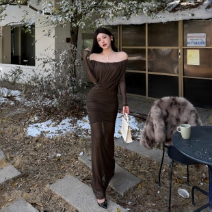 气质包臀长裙 修身 instunning 御姐风一字肩棕色网纱连衣裙女长袖