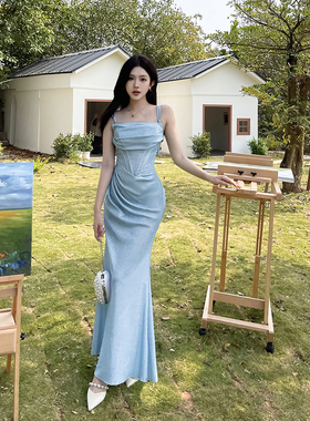 instunning欧美蓝色连衣裙女闪闪高级感长裙子年会晚宴生日礼服裙