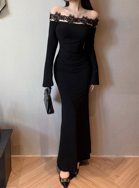 instunning秋冬一字肩黑色立体花边连衣裙女御姐风蕾丝长袖包臀裙