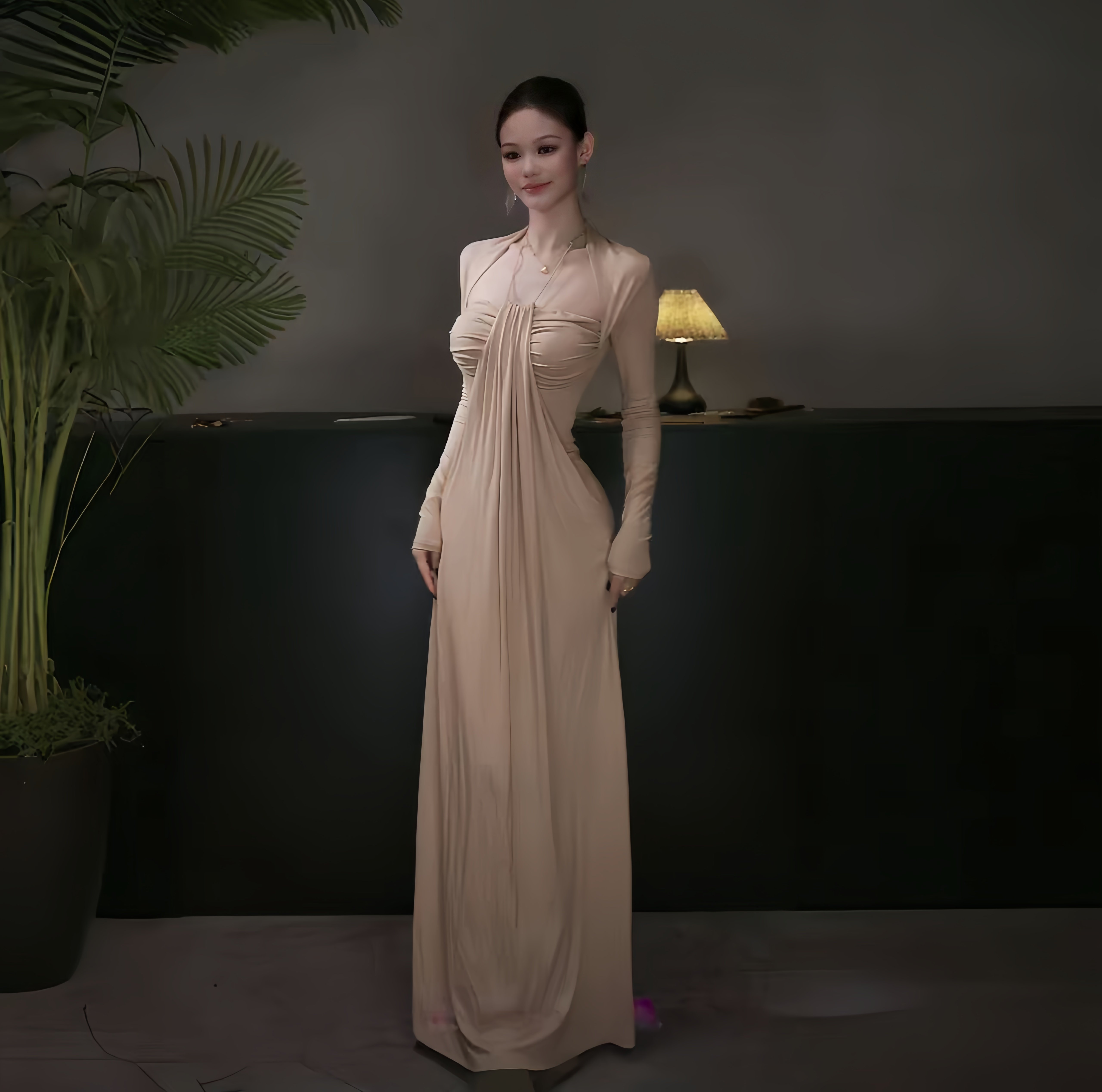 instunning高级感一字肩抹胸连衣裙女秋季新款不规则兜兜挂脖长裙
