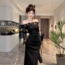 气质收腰黑色长裙 新款 instunning性感一字肩蕾丝长袖 连衣裙女秋季