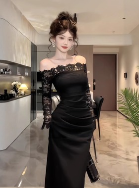instunning性感一字肩蕾丝长袖连衣裙女秋季新款气质收腰黑色长裙