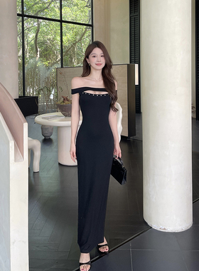 instunning铆钉性感镂空一字肩连衣裙女夏季显瘦辣妹黑色包臀裙子