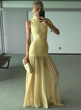 夏日度假风连衣裙女2025新款高级感气质茶歇中长裙黄色网纱包臀裙