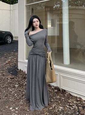 instunning法式一字肩斜肩长袖连衣裙女2025新款性感灰色包臀裙子