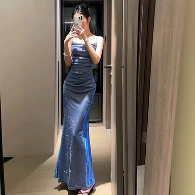 高级感轻奢蓝色亮片礼服连衣裙