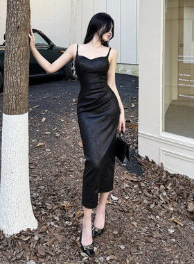 instunning美式复古高级感黑色皮裙长裙女秋季性感修身吊带连衣裙