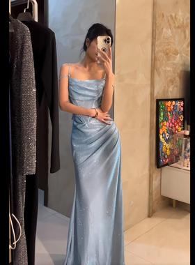 法式正式场合宴会晚礼服设计感收腰生日节日蓝色闪闪吊带连衣裙女