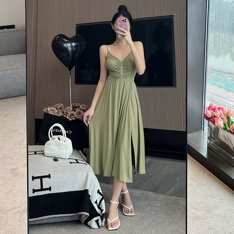 instunning 性感开衩吊带连衣裙女收腰缩褶简约法式纯欲中长裙子