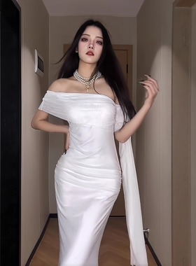 纯欲风性感白色礼服裙女高级感轻奢伴娘服气质飘带斜肩网纱包臀裙