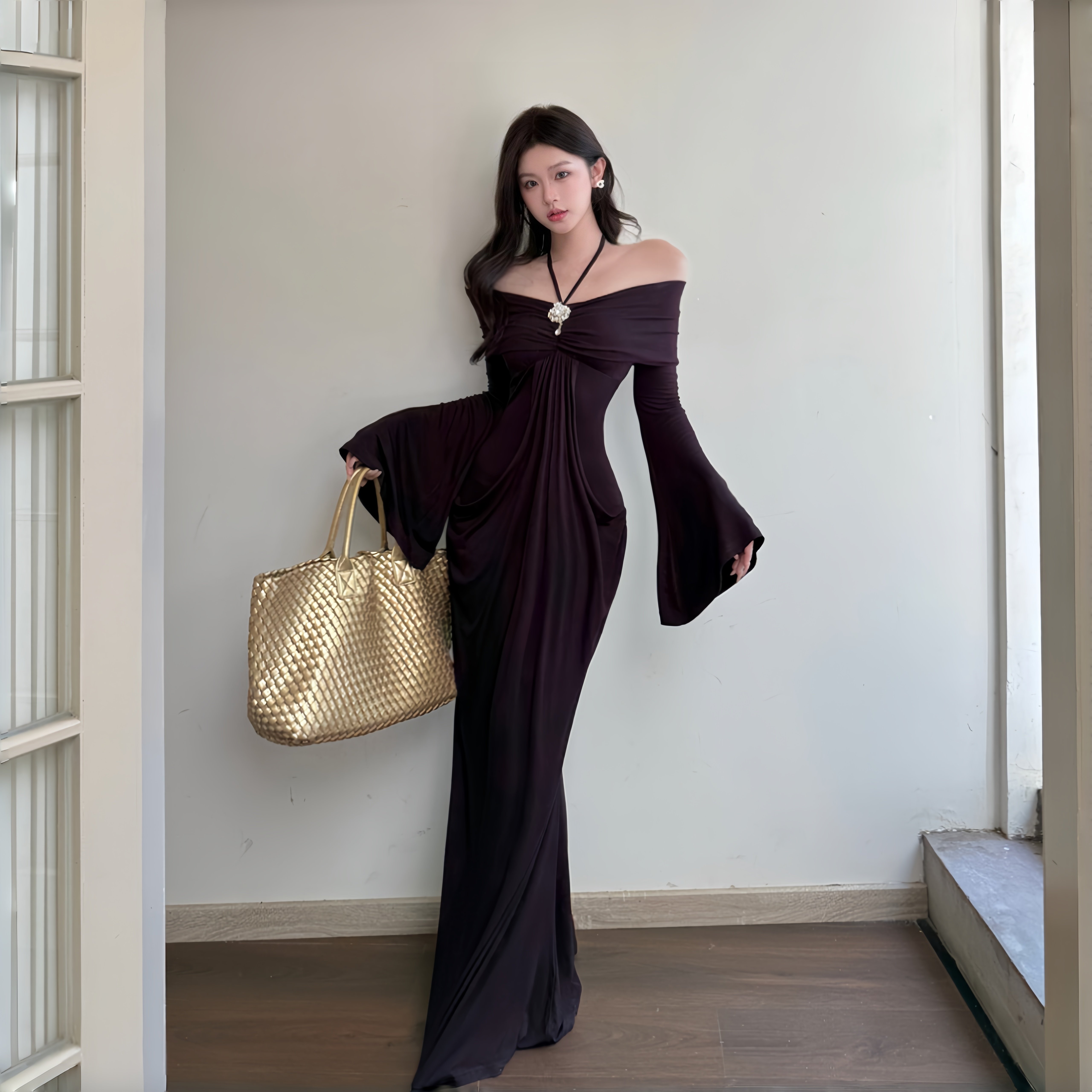 紫色抹胸一字肩网纱鱼尾连衣裙