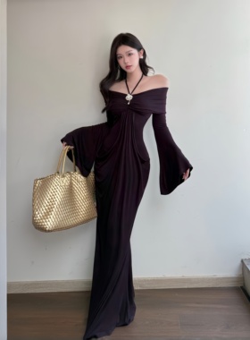 INSTUNNING缪思女神紫色抹胸连衣裙女一字肩设计感网纱包臀鱼尾裙