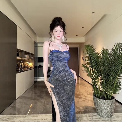 高级感蓝色闪闪一字肩连衣裙女