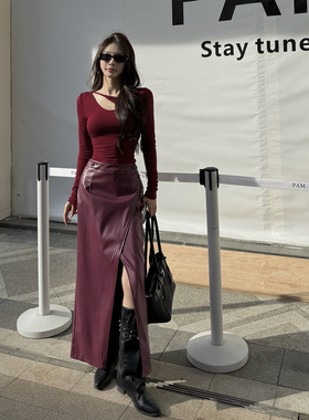 春节新年穿搭套装裙纯欲复古红色上衣皮裙套装秋冬包臀裙两件套装