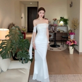 instunning高级感斜肩飘带连衣裙女夏季 一字领设计感网纱包臀长裙