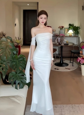 instunning高级感斜肩飘带连衣裙女夏季一字领设计感网纱包臀长裙