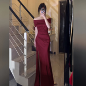 一字肩新娘敬酒服轻奢礼服女高级感气质名媛宴会主持人鱼尾长裙子