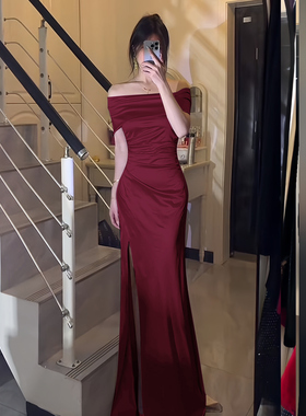 一字肩新娘敬酒服轻奢礼服女高级感气质名媛宴会主持人鱼尾长裙子