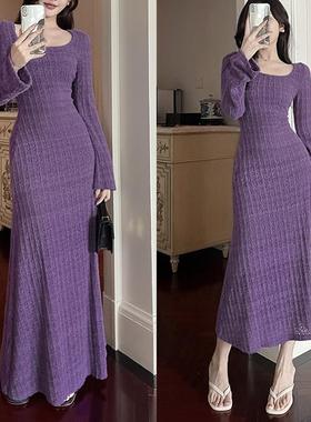instunning法式优雅蕾丝罩衫长袖连衣裙秋季方领气质紫色针织长裙