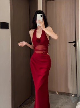 instunning港风花朵红色挂脖礼服裙女高级感网纱拼接度假气质长裙