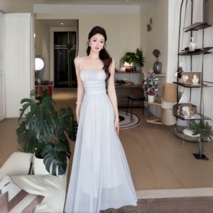 慵懒松弛感薄纱吊带连衣裙女绝美夏日温柔风长裙生日宴会a字裙子