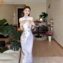 鱼尾裙 新中式 国风紫色印花旗袍连衣裙女2025夏季 新款 网纱气质修身