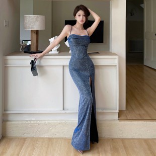2025冬开叉礼服裙女蓝色闪闪轻奢气质连衣裙生日高级party小礼裙