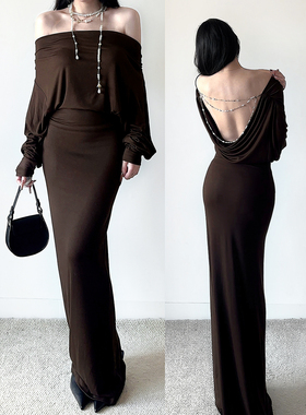 instunning法式气质风设计感斜肩连衣裙女秋冬性感露背显瘦包臀裙
