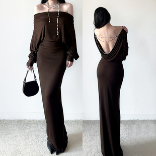 instunning法式气质风设计感斜肩连衣裙女秋冬性感露背显瘦包臀裙