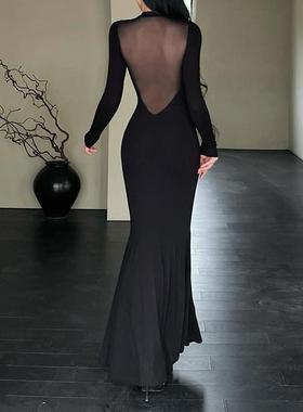 instunning纯欲性感网纱拼接长袖连衣裙女高级感腰气质高鱼尾裙子